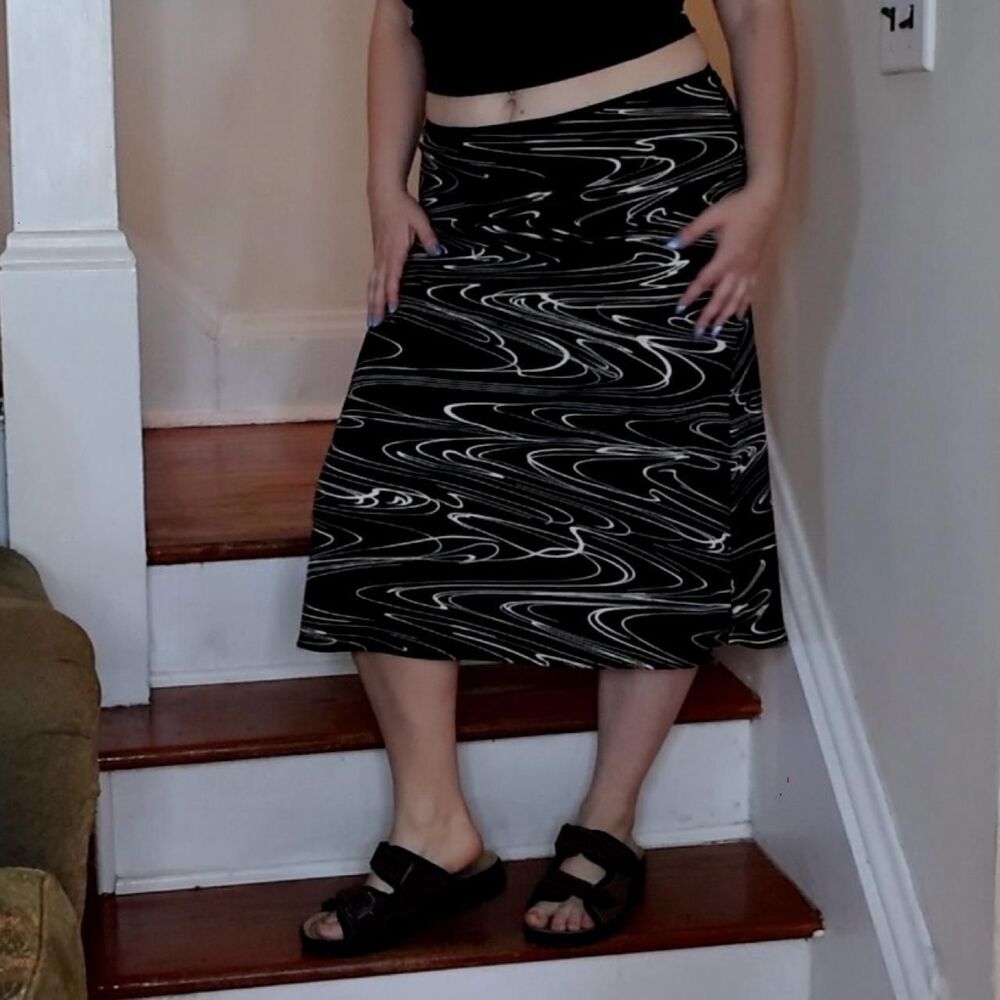 Wrapper Black White Swirl Midi Skirt Sz Large True Y2K Whimsigoth Grunge Alt